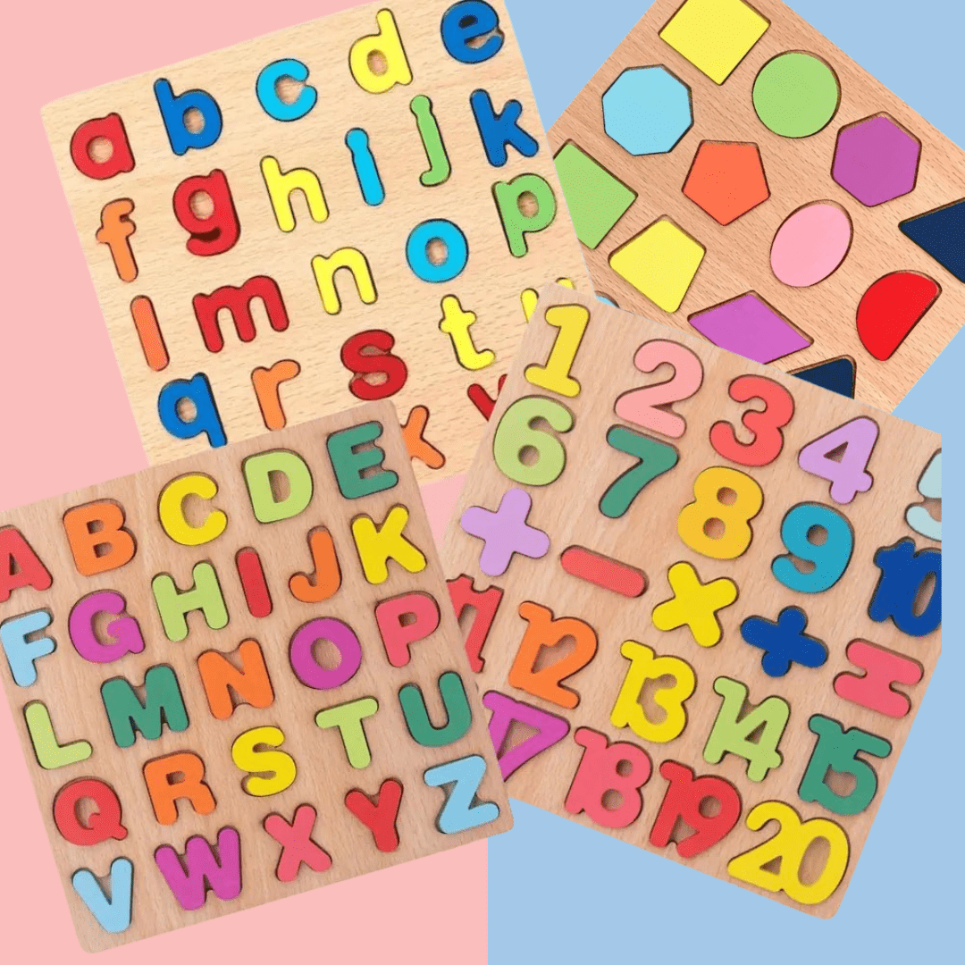 Wooden 3D Alphabets, Numbers, Shapes & Maths Board - 4 in 1 Combo
