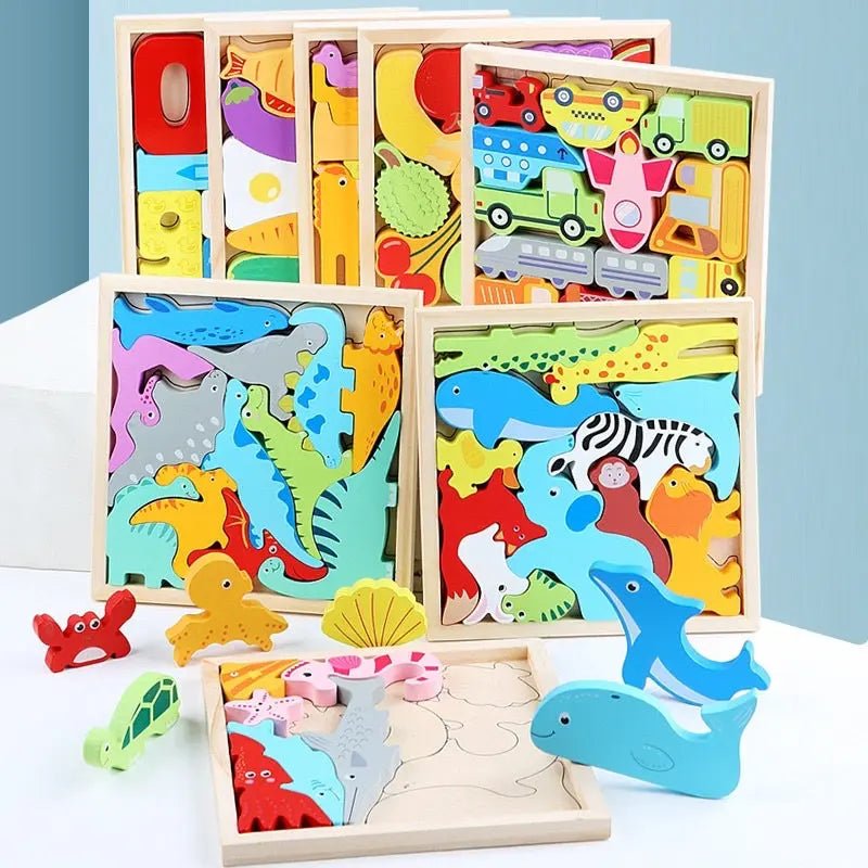 Wooden 3D Cognitive Puzzle Board, Pet Animal, Forest Animal, Dinosaur and Fruits & VegetablesPuzzle Sorting & Stacking Toys