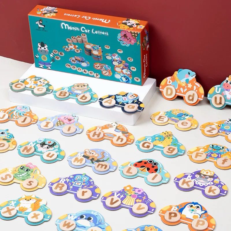 Wooden Alphabet Car Match Letters – Uppercase and Lowercase Matching and Word Formation Tray