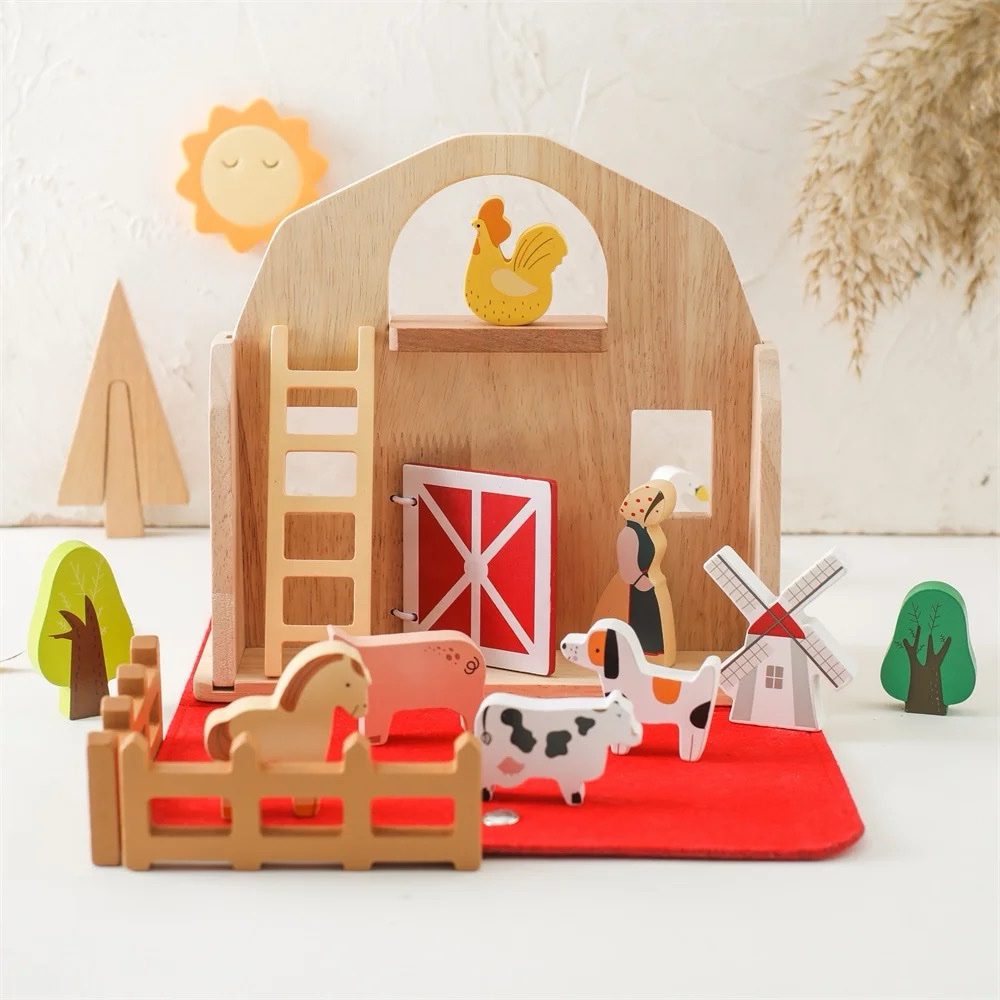 Wooden Farm Pretend Play Set – Barn, Tractor and Animal Figures in Carry Case for Toddlers