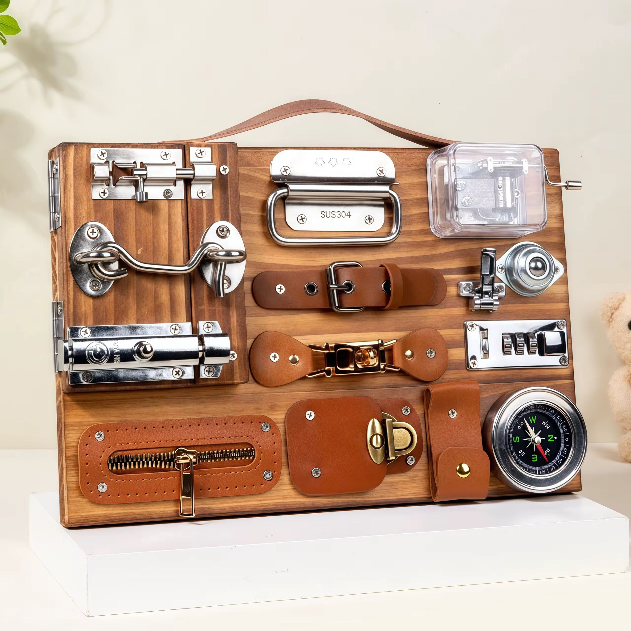 Wooden Busy Board with Musical Box, Compass and Latches - Fine Motor and Practical Life Learning Material