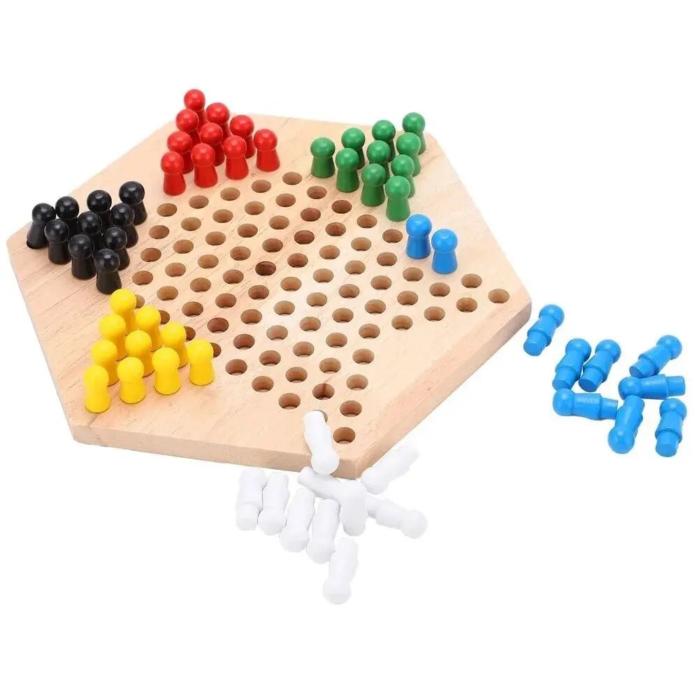 Wooden Checkers Hexagon Board With Wooden Marbles