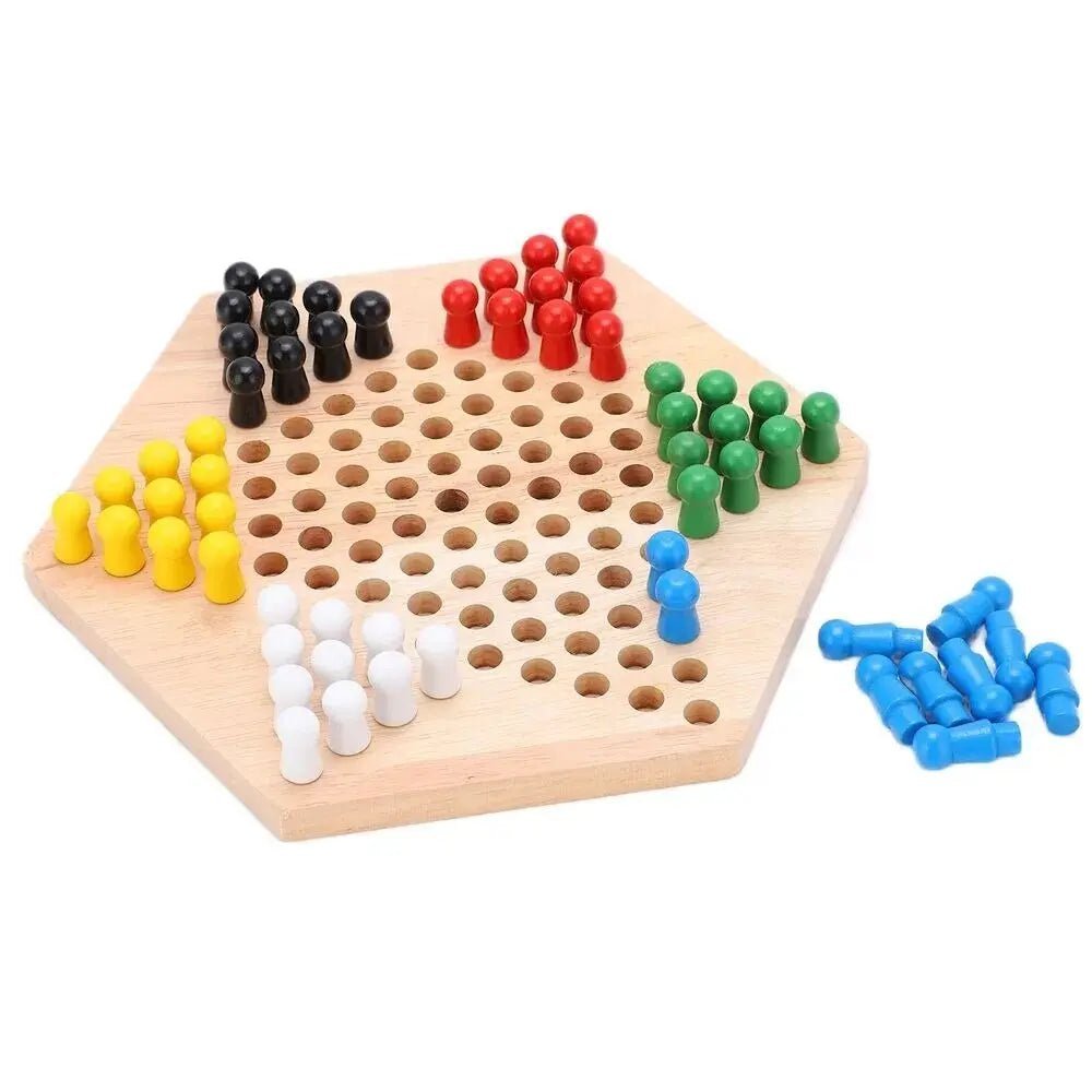 Wooden Checkers Hexagon Board With Wooden Marbles