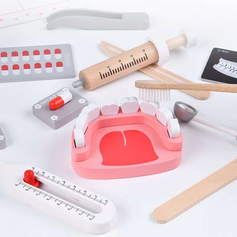 Wooden Doctor Toy Set with Bag Dentist Check Brush Teeth Medicine Set Role Playing Games
