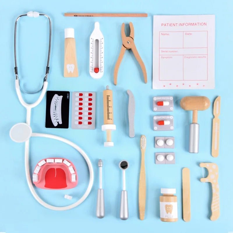 Wooden Doctor Toy Set with Bag Dentist Check Brush Teeth Medicine Set Role Playing Games