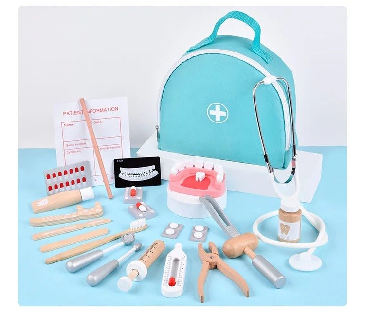 Wooden Doctor Toy Set with Bag Dentist Check Brush Teeth Medicine Set Role Playing Games