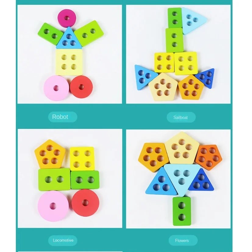 Wooden Geometric Shape Building Blocks Wooden Jigsaw Puzzle Color Matching Puzzle Shape Category Stack Toy Early Educational Toy