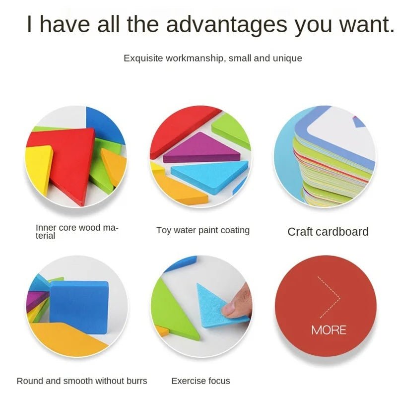 Wooden Geometric Shape Tangram Jigsaw Puzzles Board Games, Montessori Educational Toys for Kids