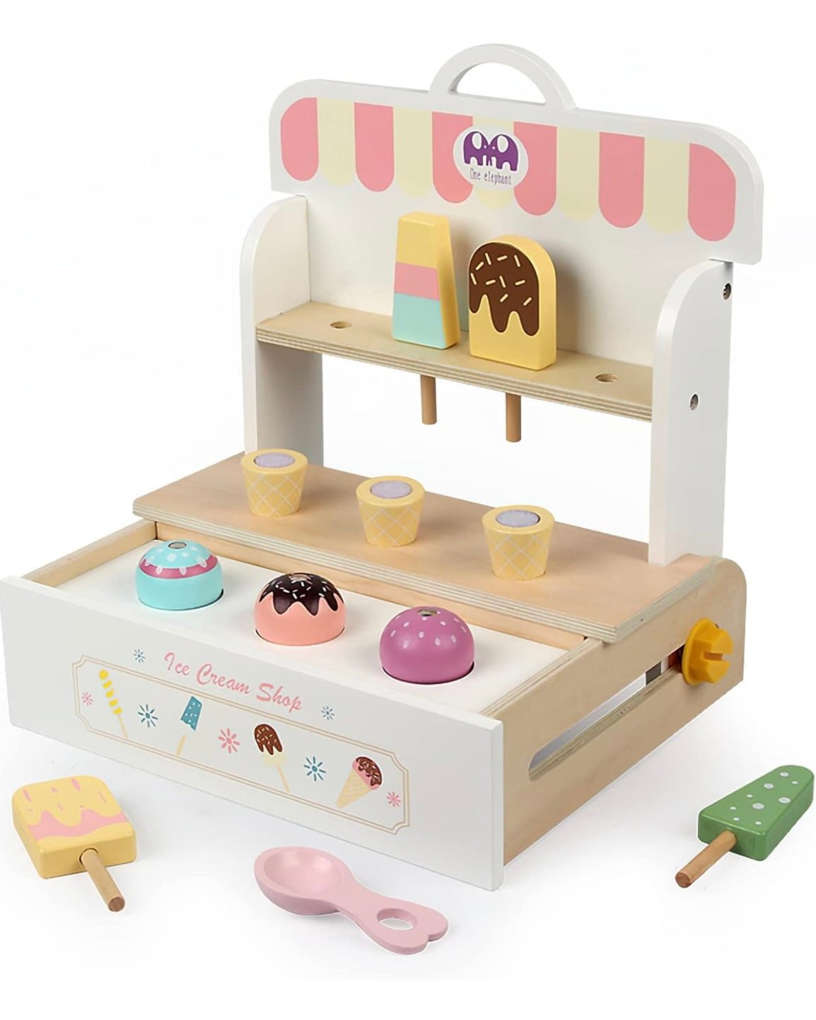 Wooden Ice Cream Set, Ice Cream Cart Shop Stand Toys for Toddlers, Montessori Play Kitchen Accessories Wooden Food Set for Kids, Pretend Play for Toddlers