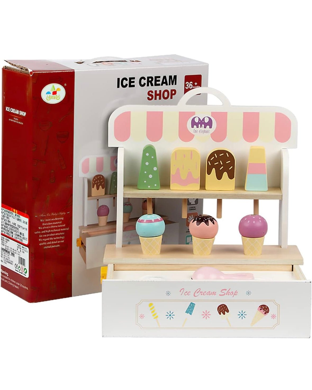Wooden Ice Cream Set, Ice Cream Cart Shop Stand Toys for Toddlers, Montessori Play Kitchen Accessories Wooden Food Set for Kids, Pretend Play for Toddlers