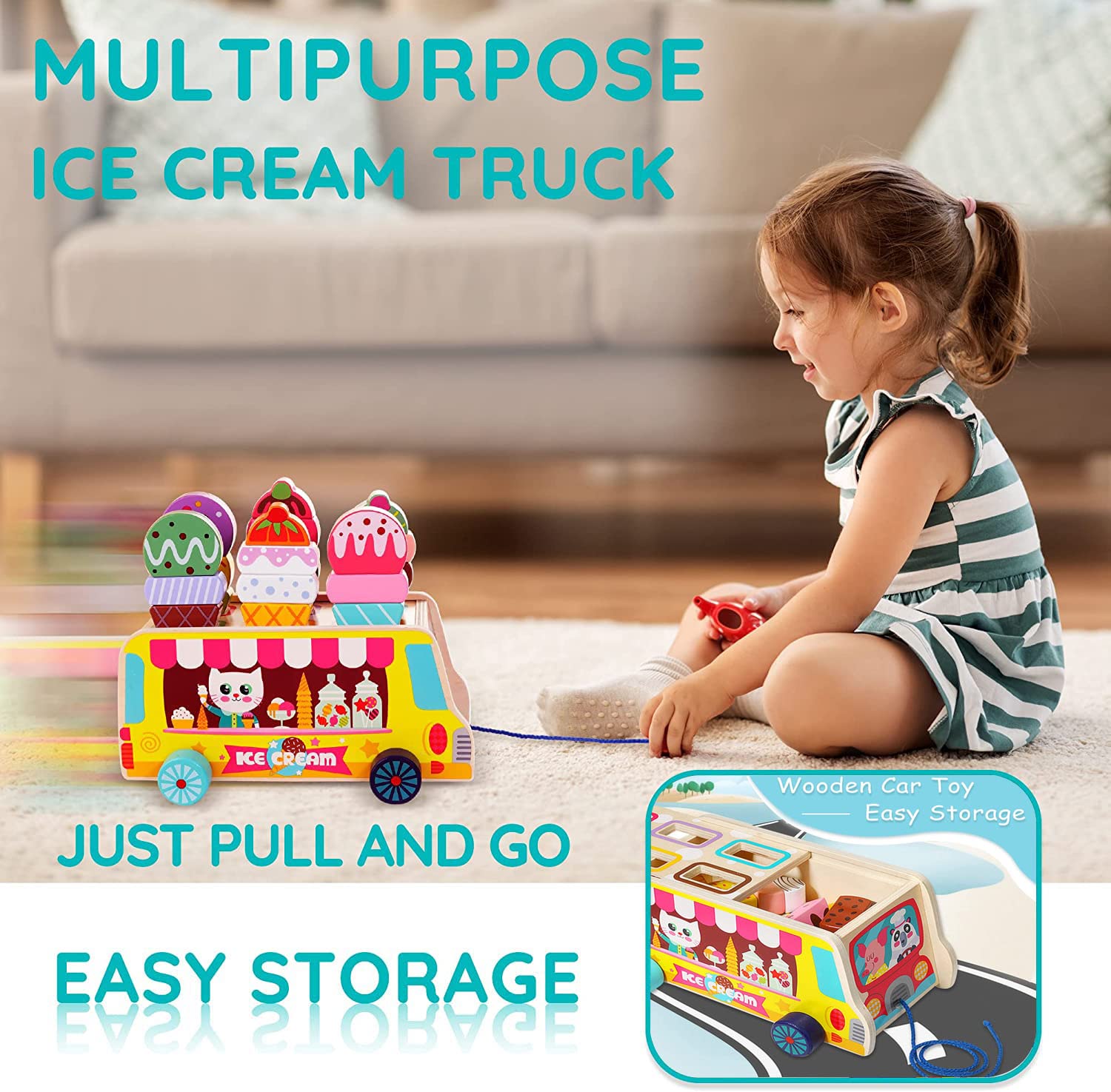 Wooden Ice Cream Truck | 28 pcs Magnetic Ice Cream Sweet Treats | Pretend Play Food & Accessories