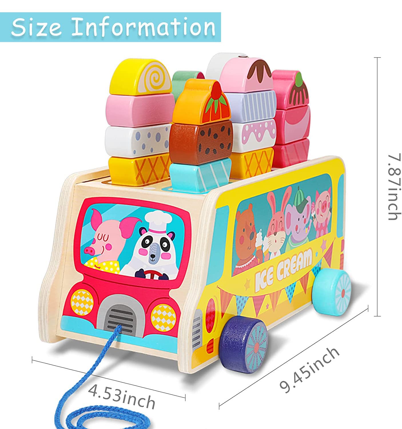 Wooden Ice Cream Truck | 28 pcs Magnetic Ice Cream Sweet Treats | Pretend Play Food & Accessories