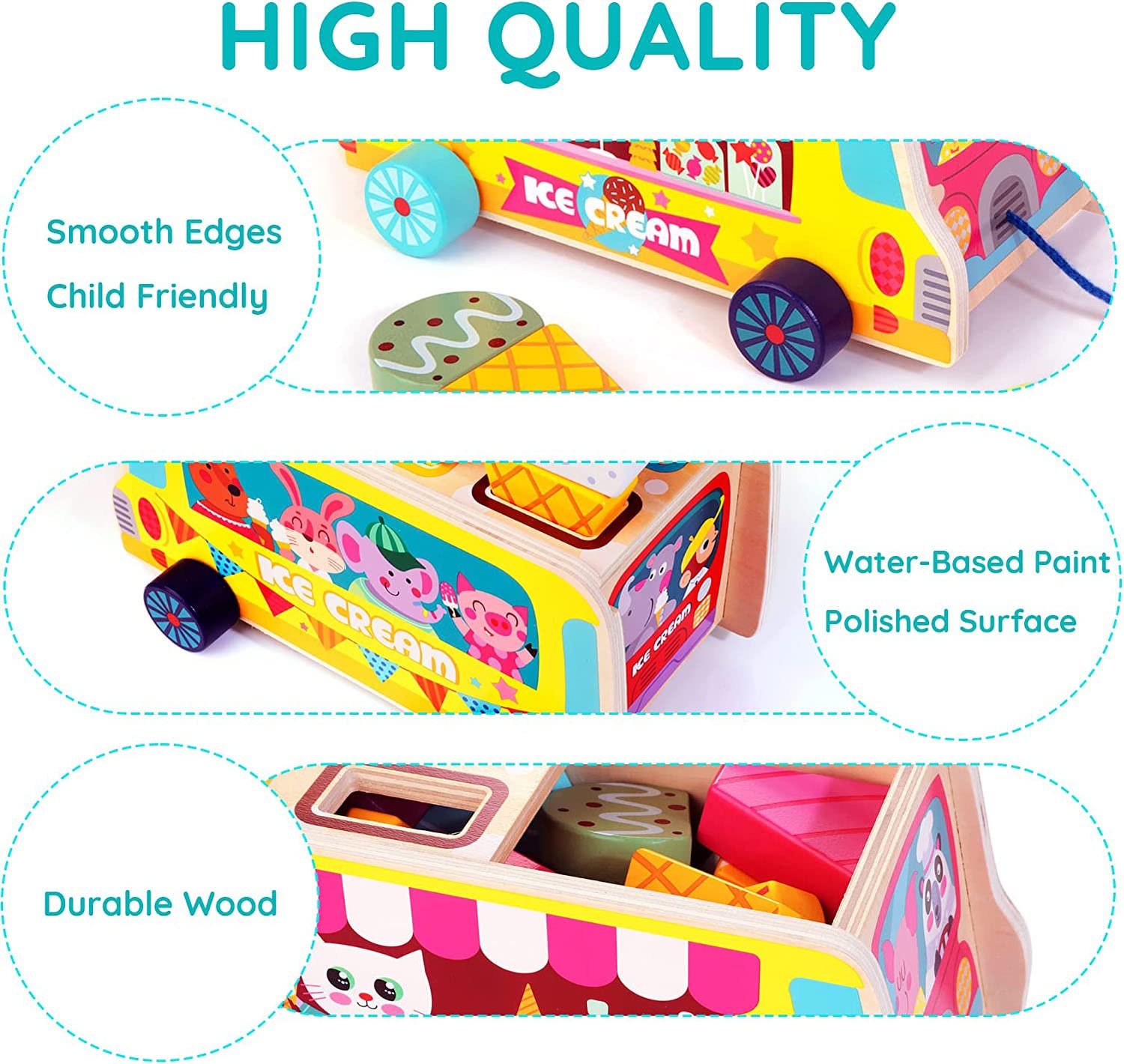 Wooden Ice Cream Truck | 28 pcs Magnetic Ice Cream Sweet Treats | Pretend Play Food & Accessories