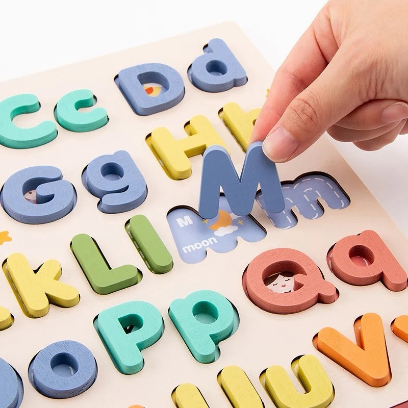 Upper and Lower Case Alphabet Board – Wooden Letter Puzzle for Early Literacy and Letter Recognition