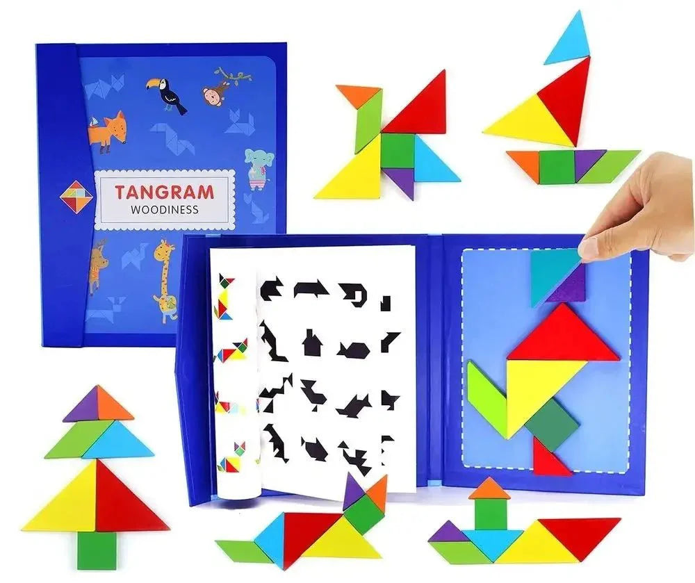 Wooden Magnet Tangram Puzzle Book - Jigsaw Book Brain Teasers Stacking Games Early Educational Learning Challenge IQ