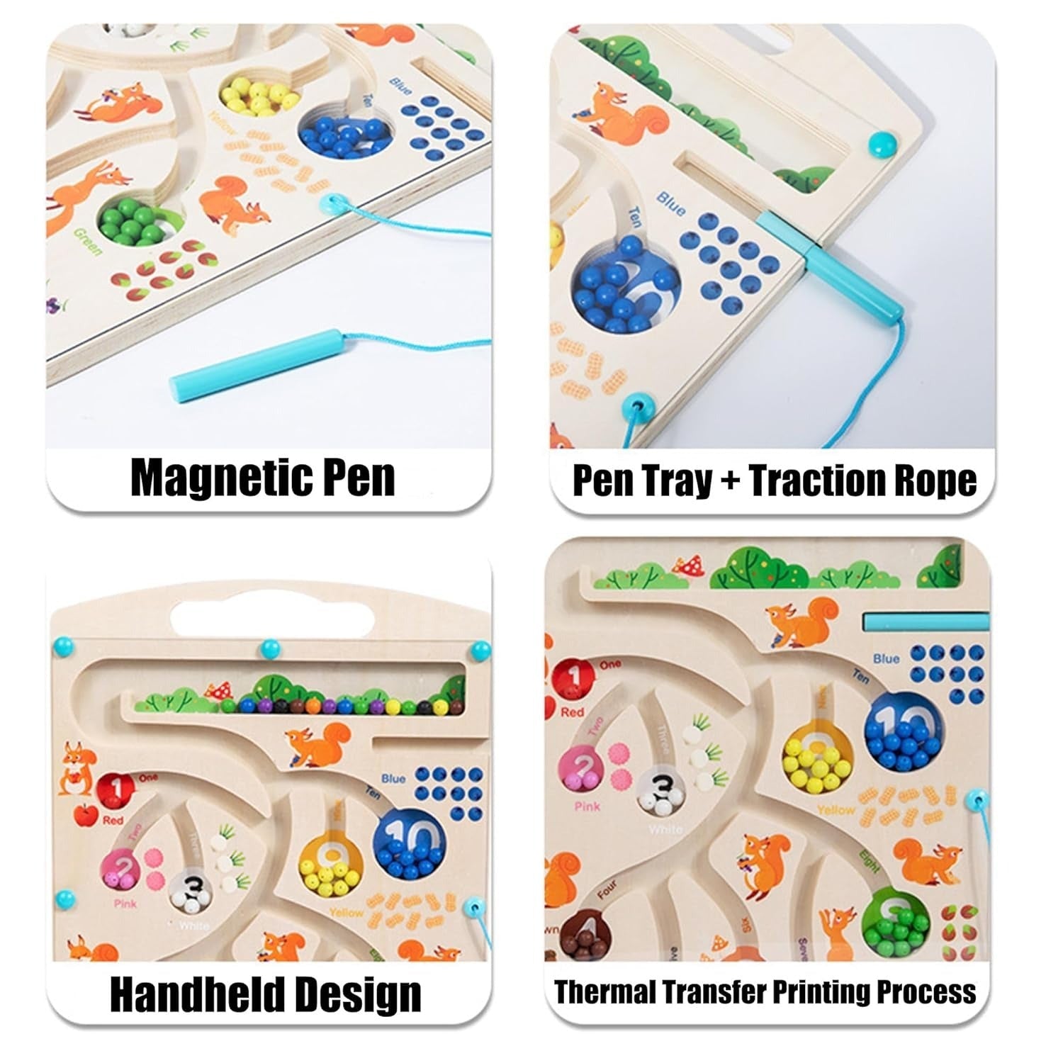 Wooden Magnetic Squirrel Feeding Maze Game - Educational Game for Learning Colors and Numbers