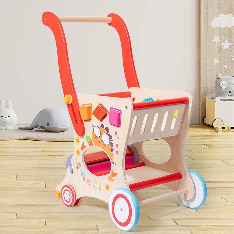 Wooden Multifunctional Shopping Cart – Pretend Play, Shape Sorting and Toy Storage for Toddlers and Preschoolers