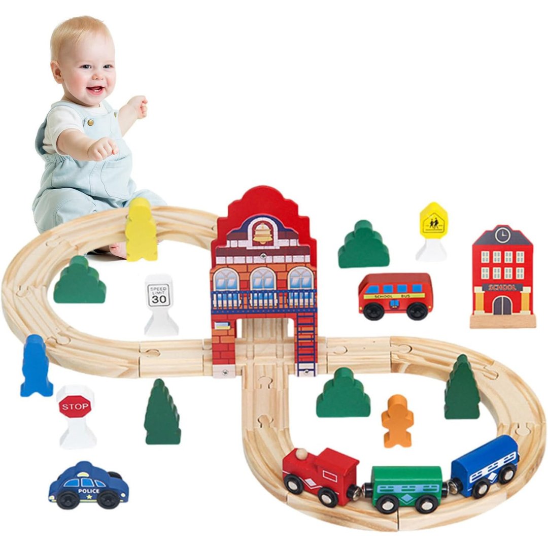 Wooden Railway Train Set, Wooden Railway Track with Train