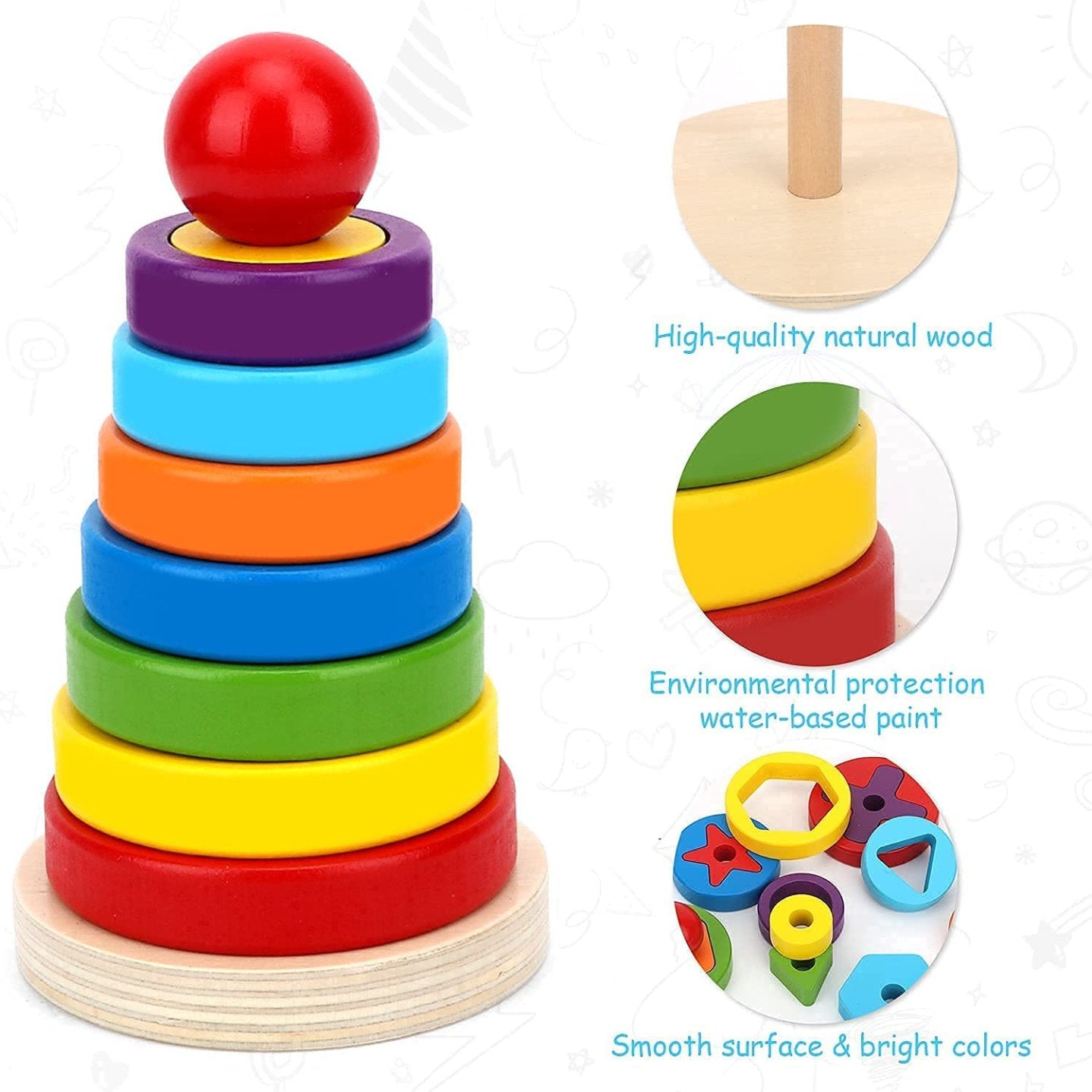 Wooden Rainbow Rings Tower – Geometric Shape Recognition, Sorting, Stacking and Plugging