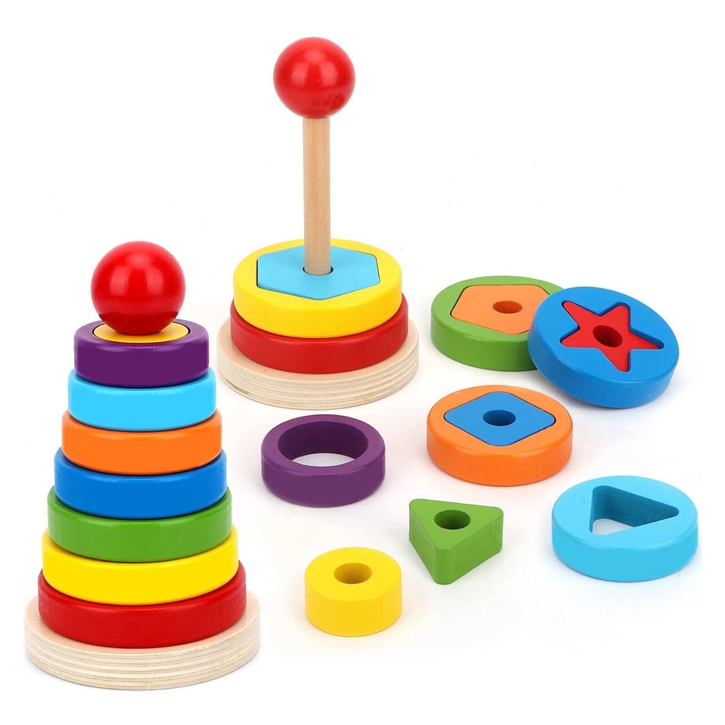 Wooden Rainbow Rings Tower – Geometric Shape Recognition, Sorting, Stacking and Plugging