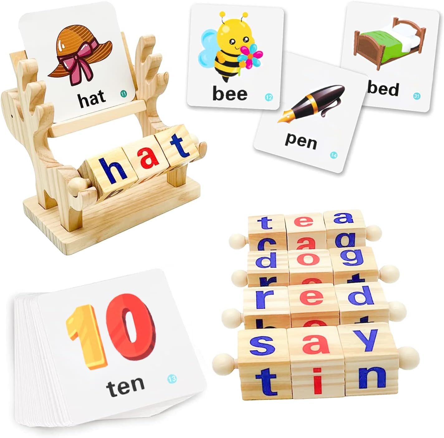 Wooden Reading Blocks Word Cognitive Pairing - Rotating Letter Puzzles For Kids Spelling Game