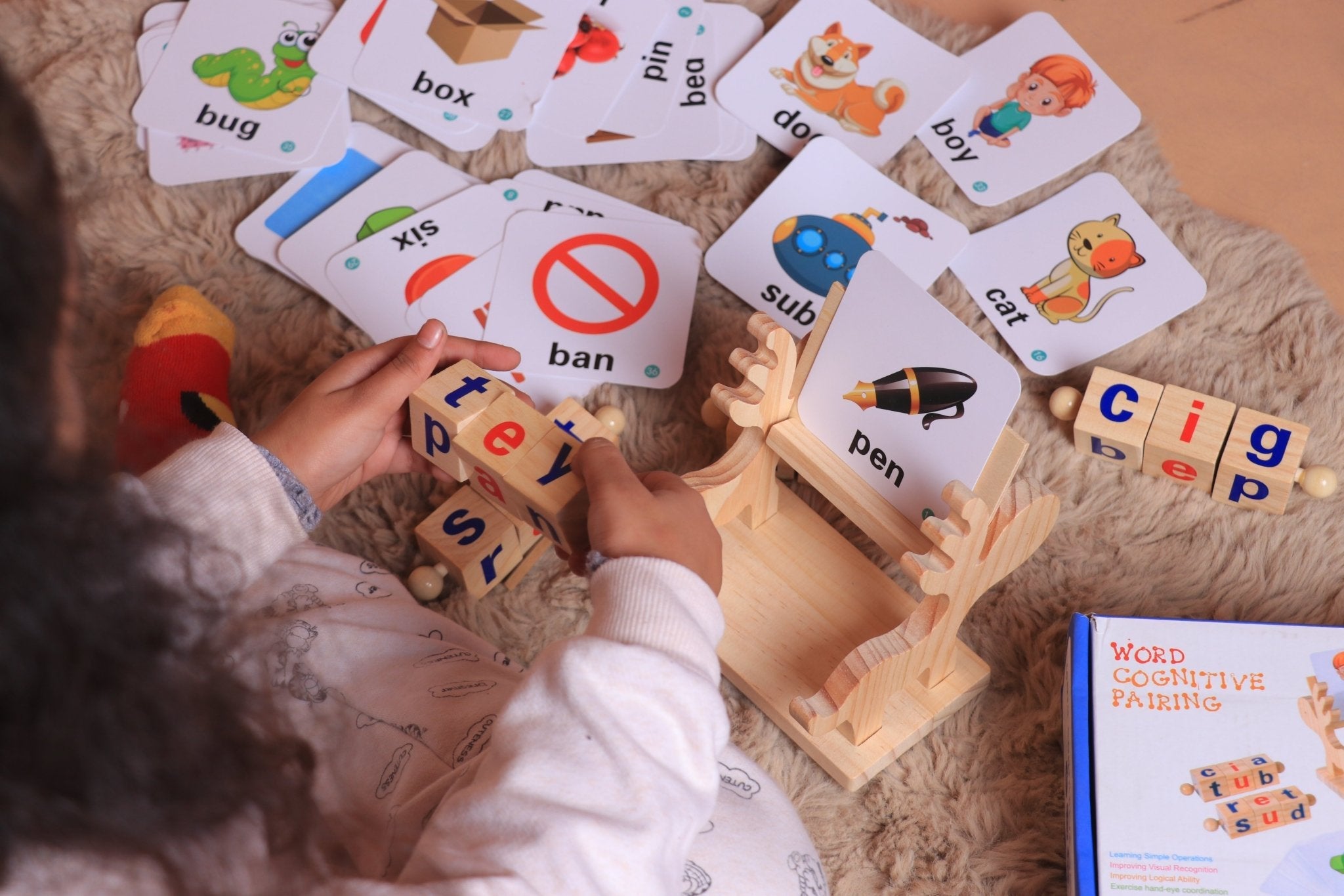 Wooden Reading Blocks Word Cognitive Pairing - Rotating Letter Puzzles For Kids Spelling Game