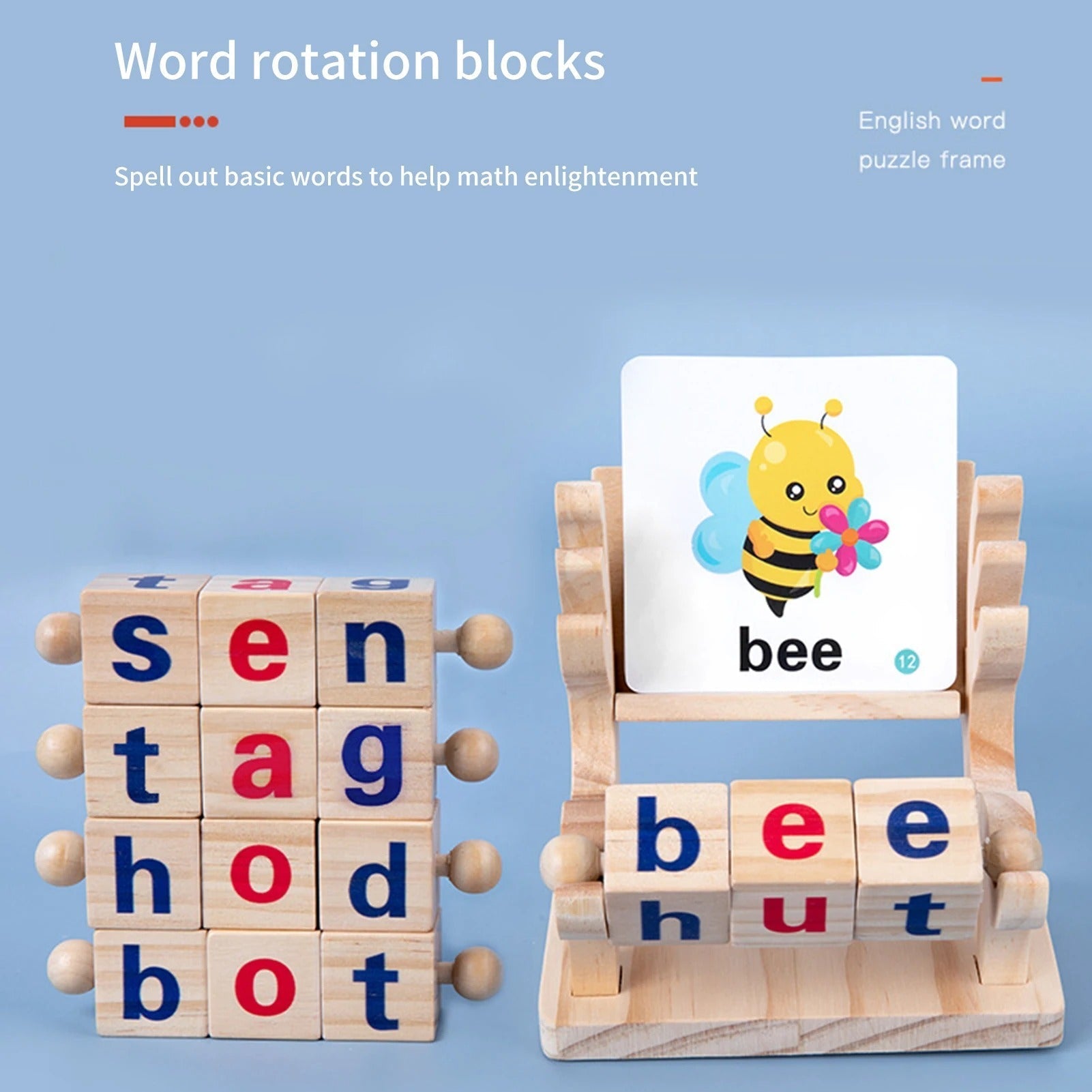 Wooden Reading Blocks Word Cognitive Pairing - Rotating Letter Puzzles For Kids Spelling Game