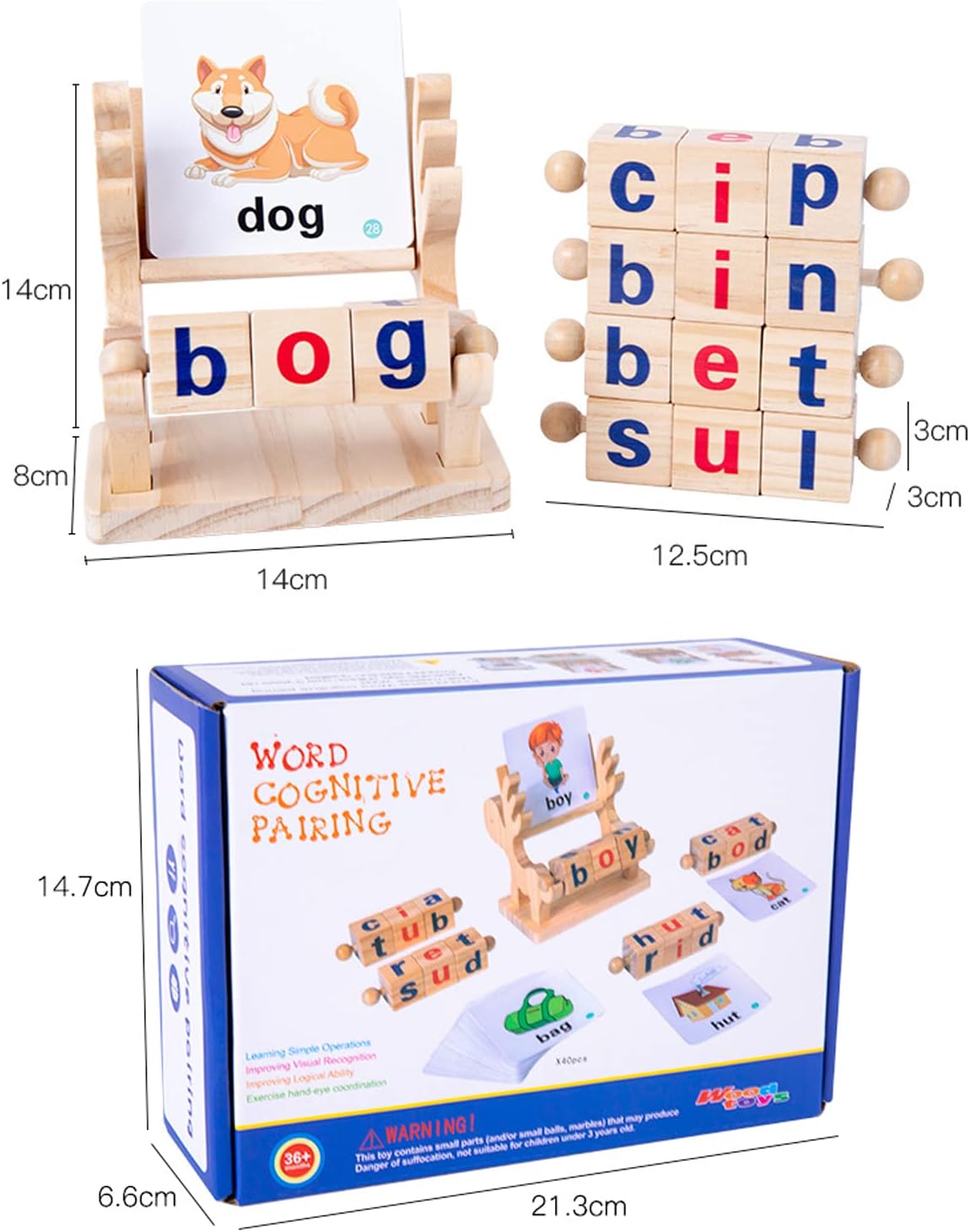 Wooden Reading Blocks Word Cognitive Pairing - Rotating Letter Puzzles For Kids Spelling Game