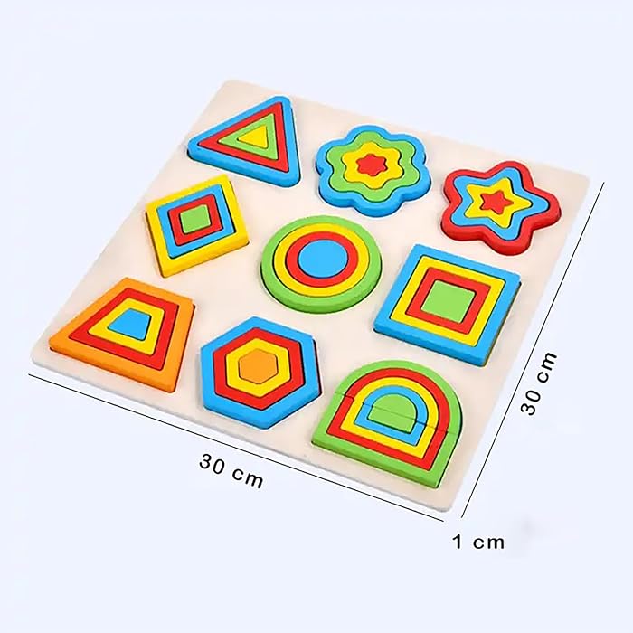 Wooden Shapes Puzzle Learning Toy – 9 Colorful Geometric Pieces & Design Cards
