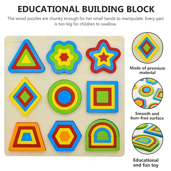 Wooden Shapes Puzzle Learning Toy – 9 Colorful Geometric Pieces & Design Cards