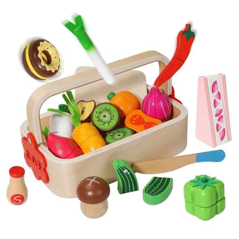 Wooden Vegetable Basket Pretend Cutting Vegetable Set with Wood Knife & Storage Basket