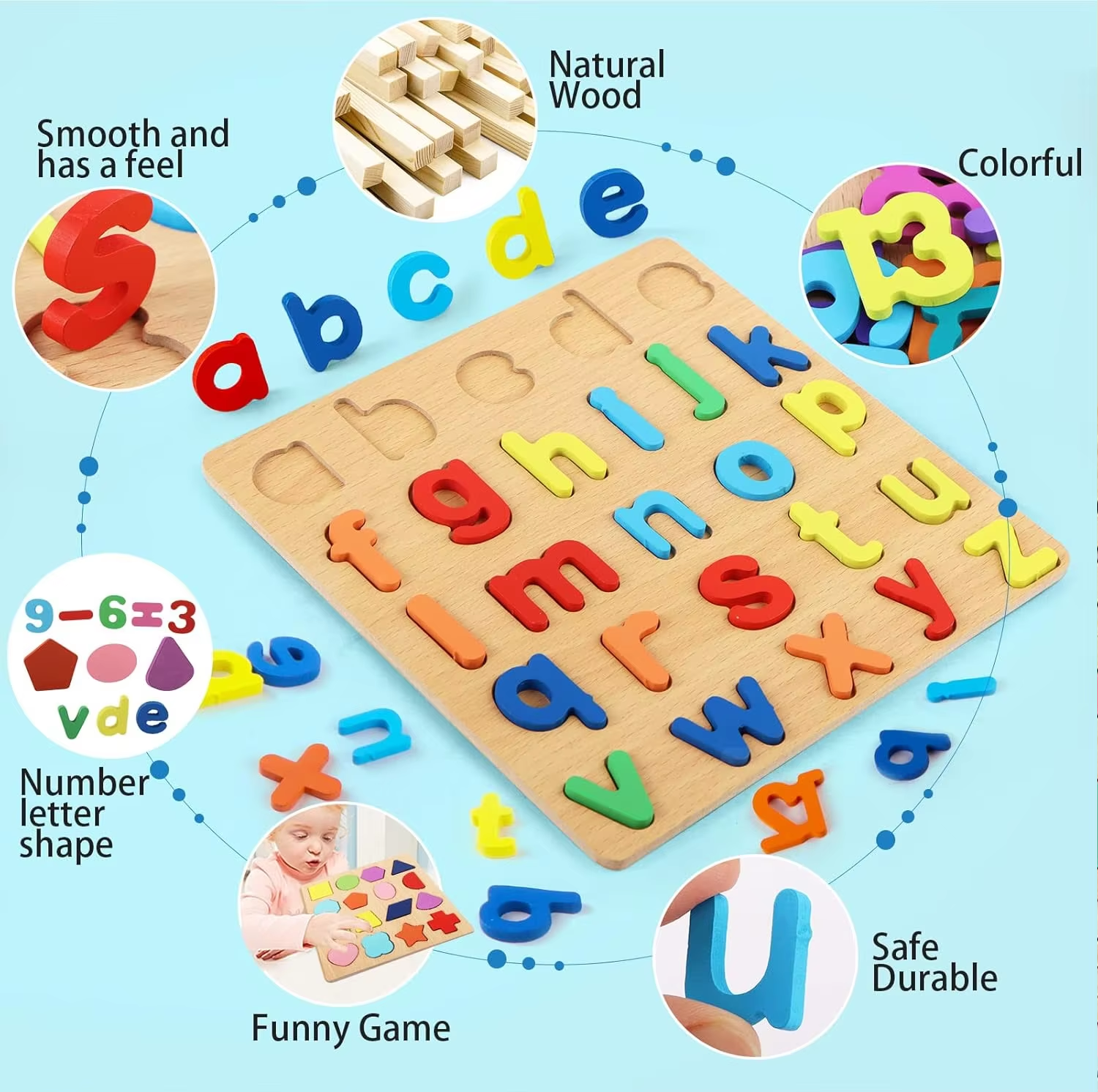 Wooden 3D Alphabet, Numbers & Shapes Learning Puzzle - no knob - Board