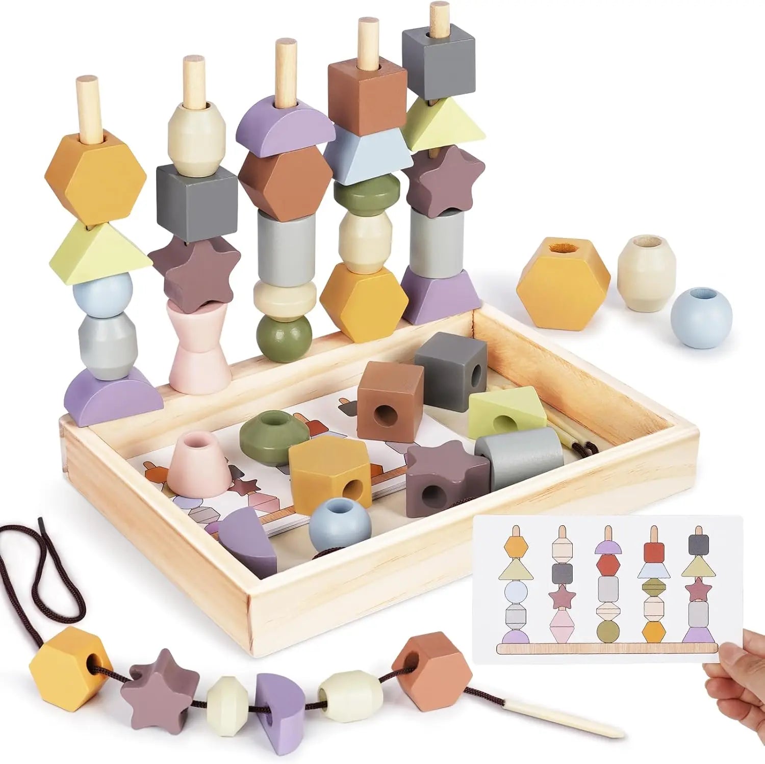 Fidtoy Wooden Toy for Toddlers Color Shape Matching Stacking Threading Learning Toy Set