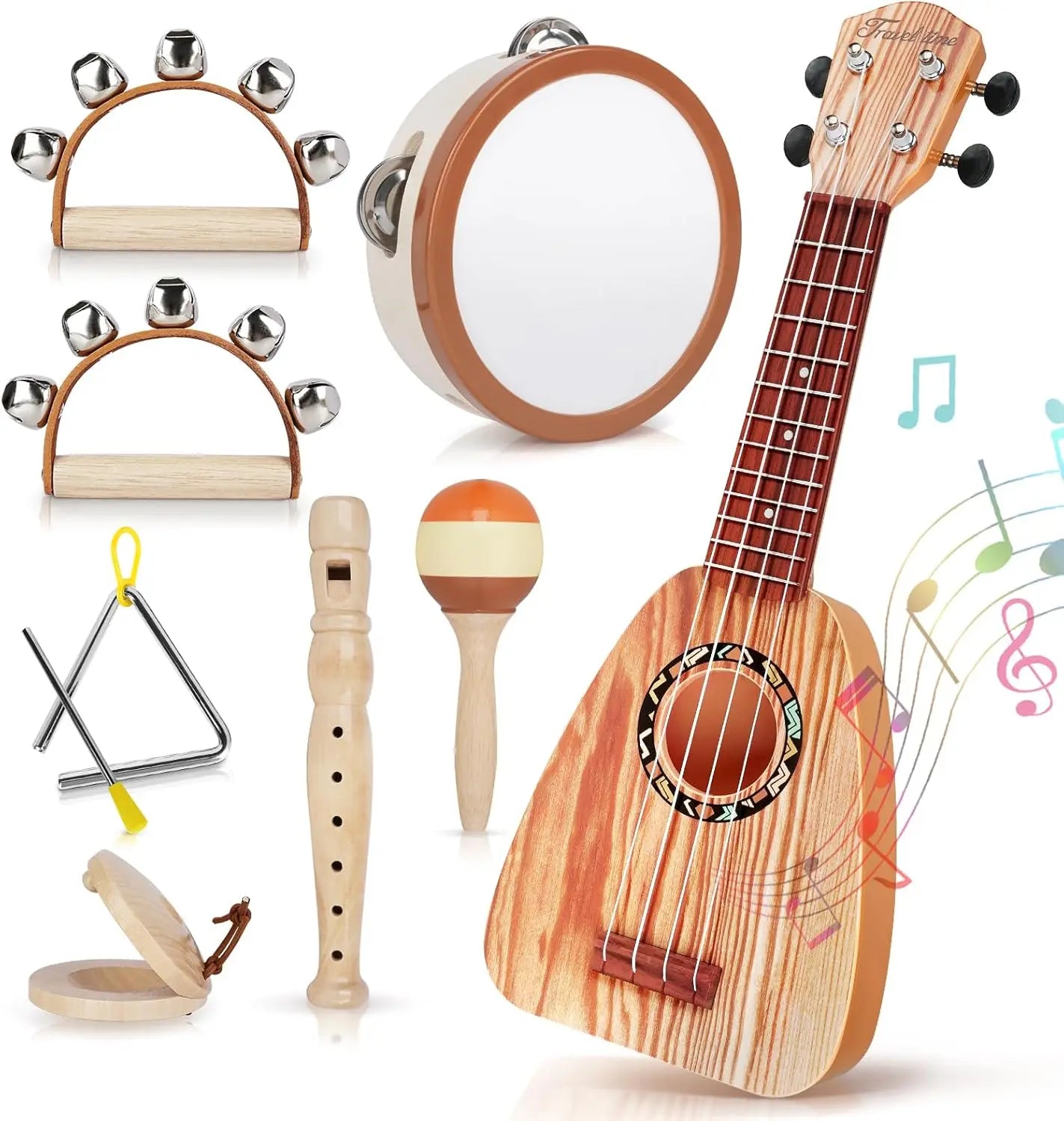 Fidtoy Ensemble d'instruments de musique 7 pièces pour tout-petits - Ukulélé et jouets d'apprentissage du rythme pour enfants
