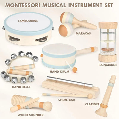 Fidtoy 8-Piece Wooden Musical Toys for Toddlers Rhythm Instruments Set with Drum Bells and Maracas