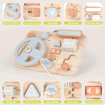 Fidtoy Montessori Tableau d'activités en bois pour tableau de bord de voiture, jouet sensoriel de voyage pour tout-petits