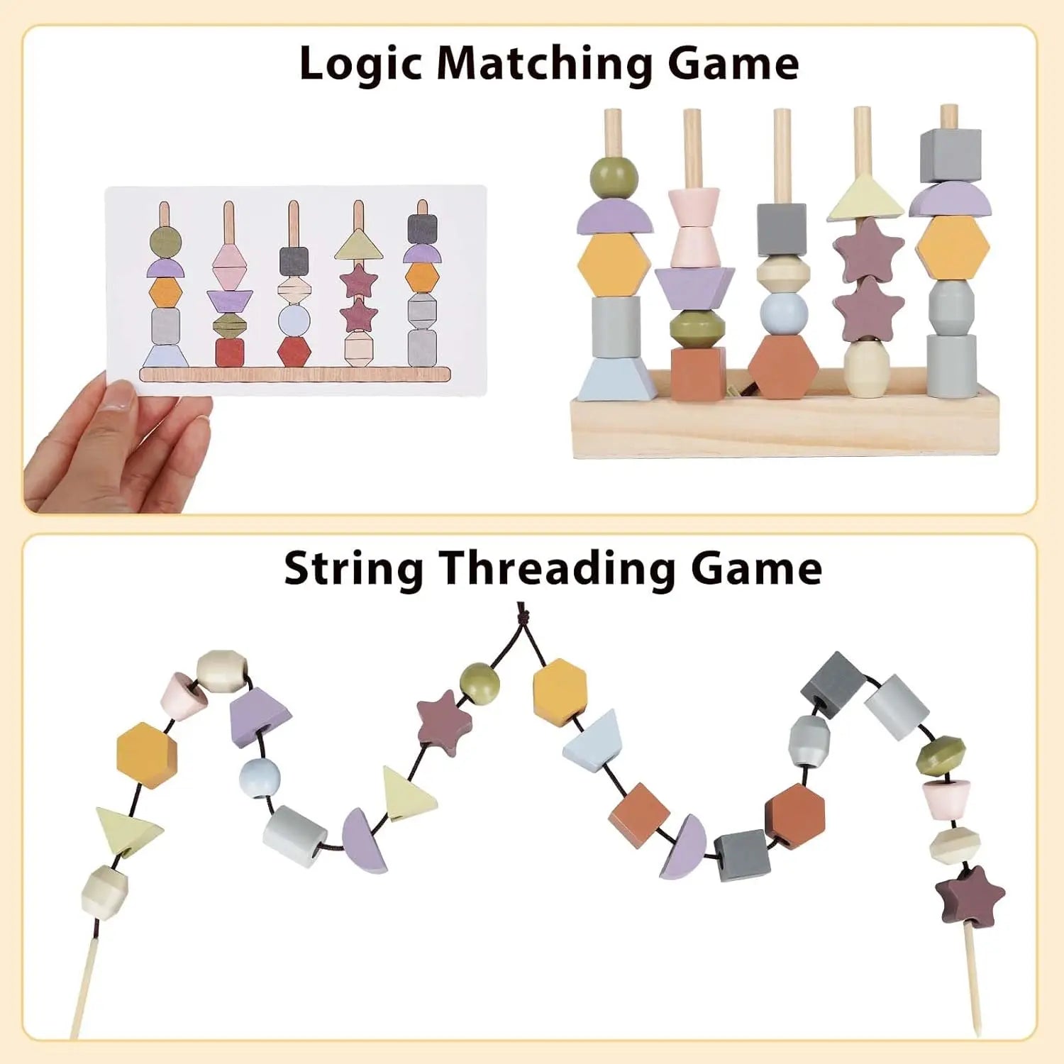 Fidtoy Wooden Toy for Toddlers Color Shape Matching Stacking Threading Learning Toy Set