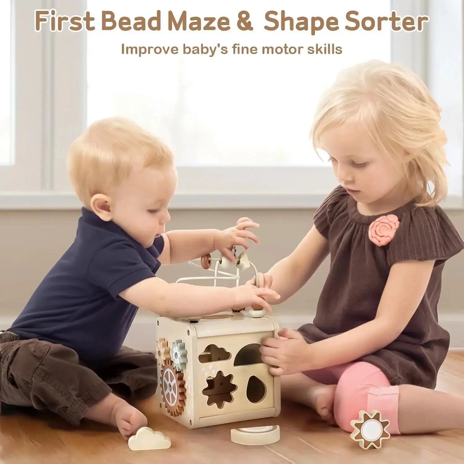 Fidtoy Cube d'activités en bois pour tout-petits, jouet d'éveil Montessori, batterie musicale, 12 mois et plus
