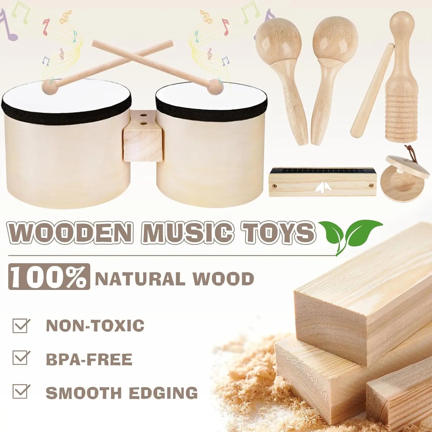 Fidtoy - Juguetes Musicales de 7 Piezas para Niños Pequeños, Set de Instrumentos de Madera, Tambor, Campanas, Maracas, Juguetes Educativos