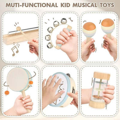 Fidtoy 8-Piece Wooden Musical Toys for Toddlers Rhythm Instruments Set with Drum Bells and Maracas