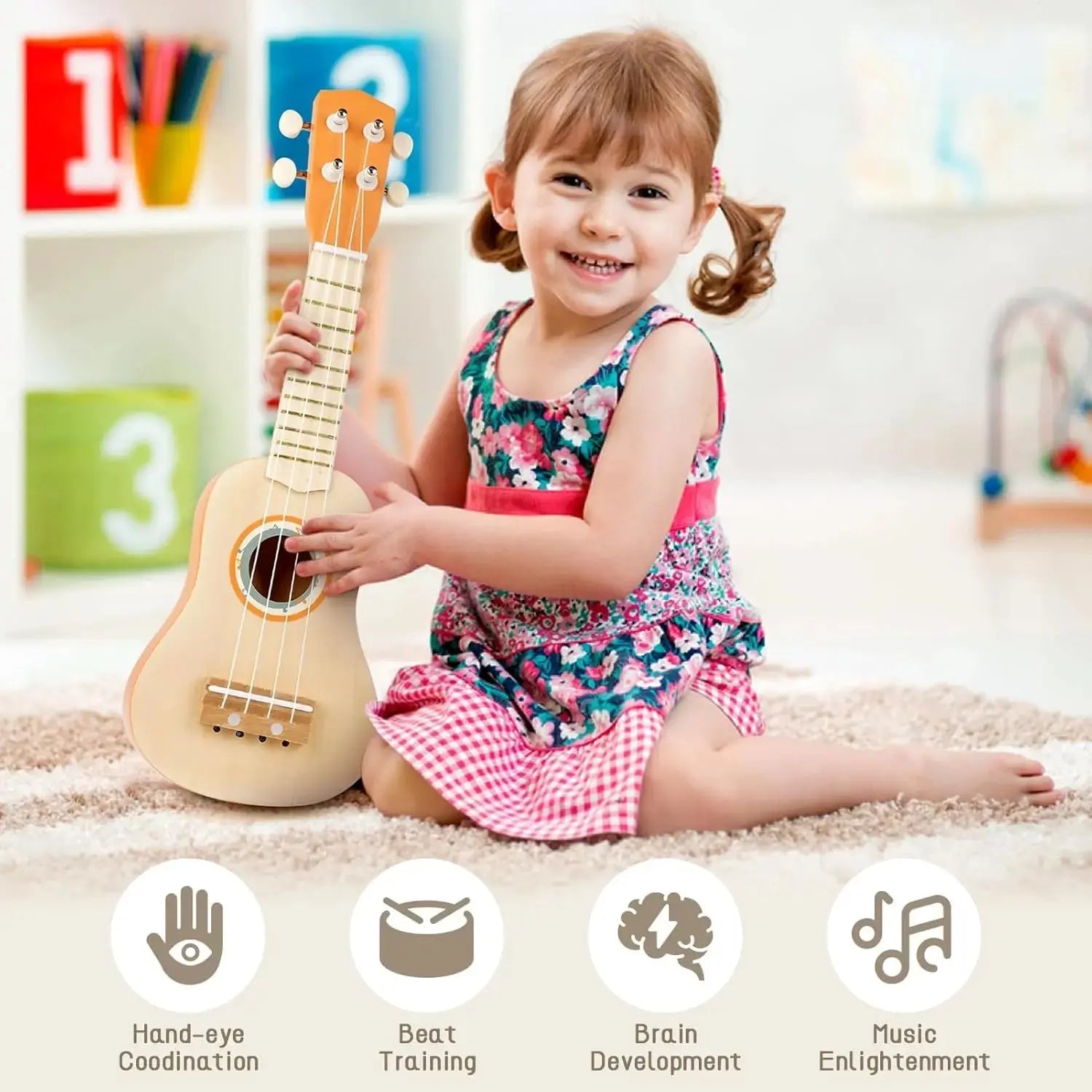 Fidtoy 7-Piece Musical Toys for Toddlers Ukulele Instrument Set Kids Rhythm Learning Toys