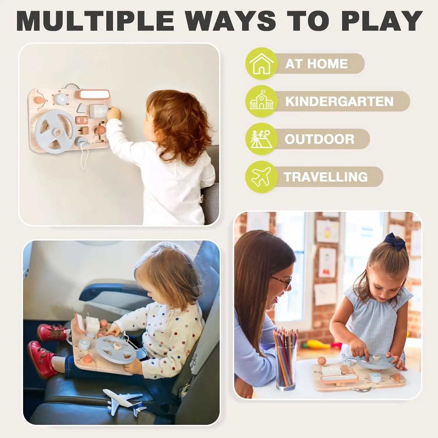 Fidtoy Montessori Tableau d'activités en bois pour tableau de bord de voiture, jouet sensoriel de voyage pour tout-petits
