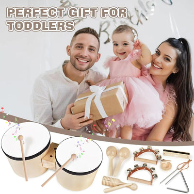 Fidtoy - Juguetes Musicales de 7 Piezas para Niños Pequeños, Set de Instrumentos de Madera, Tambor, Campanas, Maracas, Juguetes Educativos