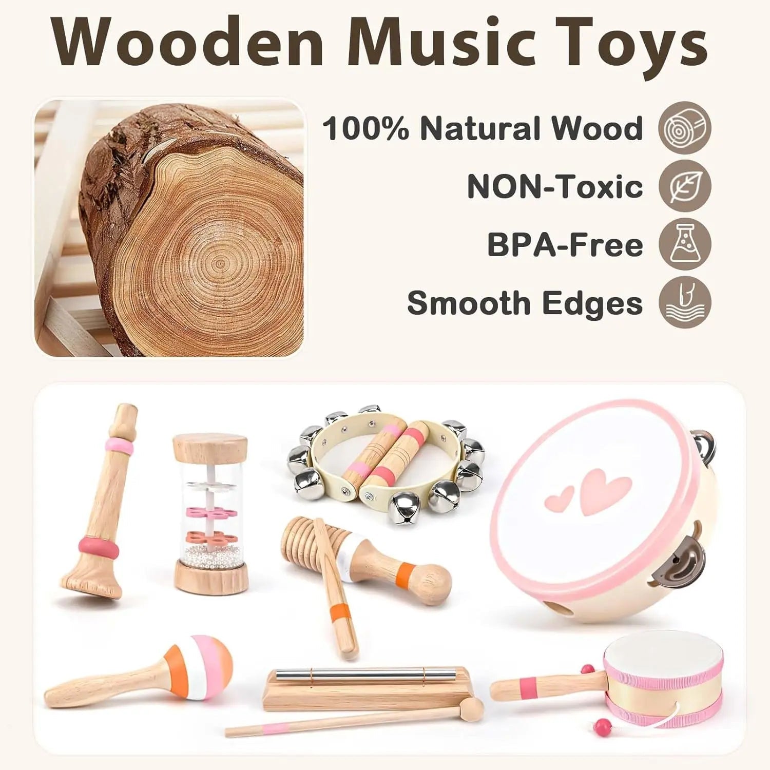 Fidtoy Wooden Music Toy Set for Toddlers 8 Piece Instrument Set Musical Learning Toys