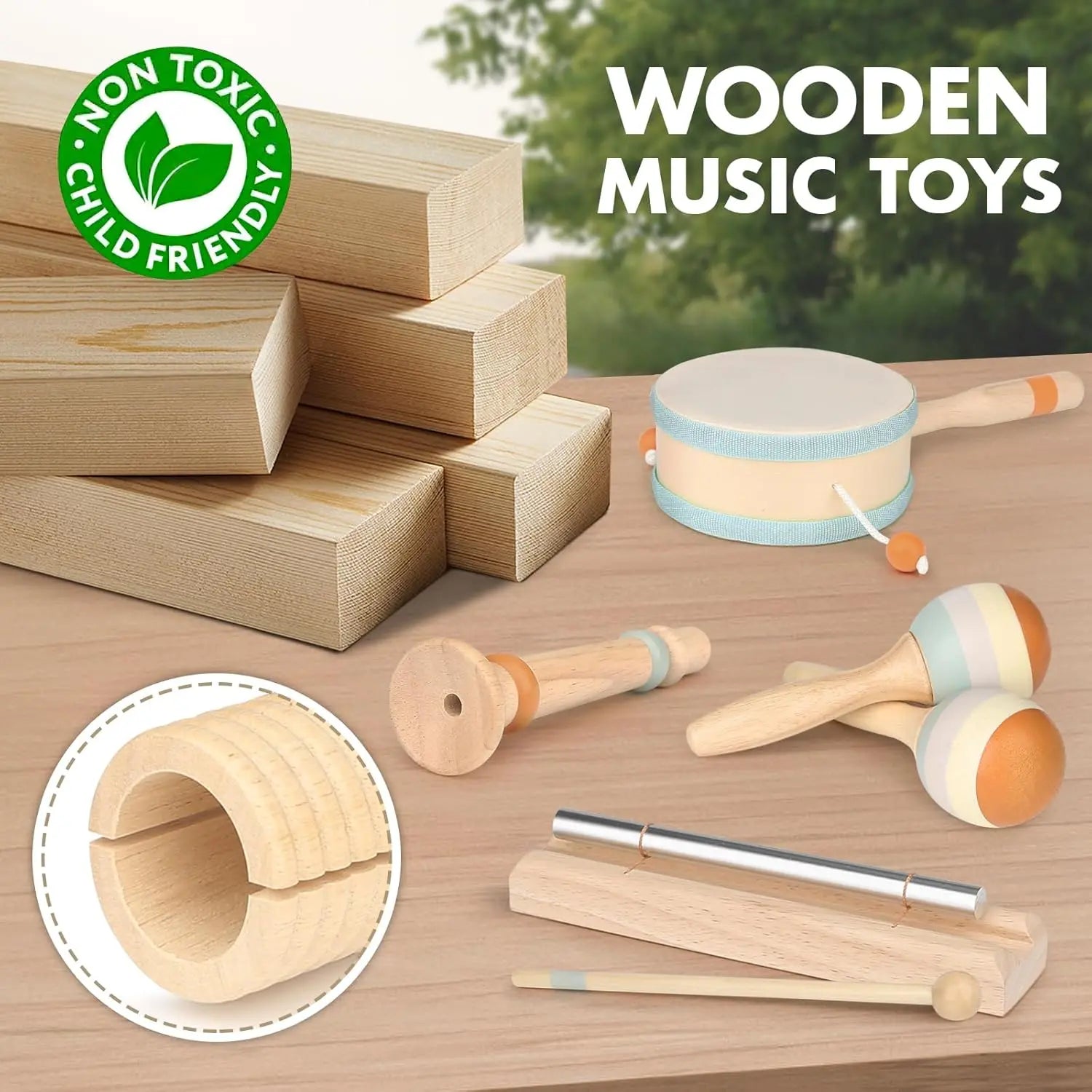 Fidtoy 8-Piece Wooden Musical Toys for Toddlers Rhythm Instruments Set with Drum Bells and Maracas