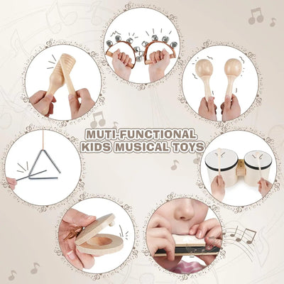 Fidtoy - Juguetes Musicales de 7 Piezas para Niños Pequeños, Set de Instrumentos de Madera, Tambor, Campanas, Maracas, Juguetes Educativos