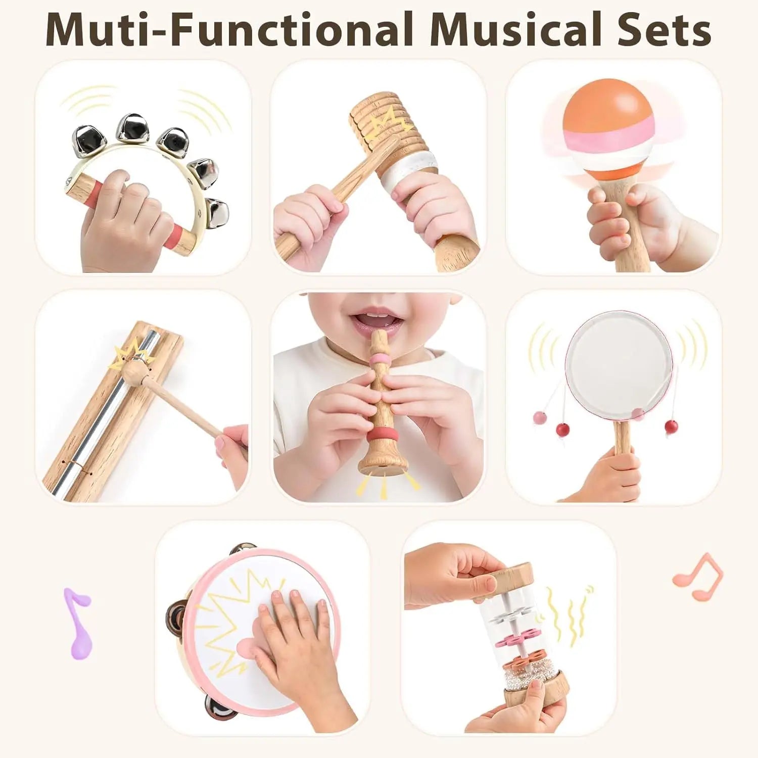 Fidtoy Ensemble de jouets musicaux en bois pour tout-petits, 8 instruments, jouets d'apprentissage musical