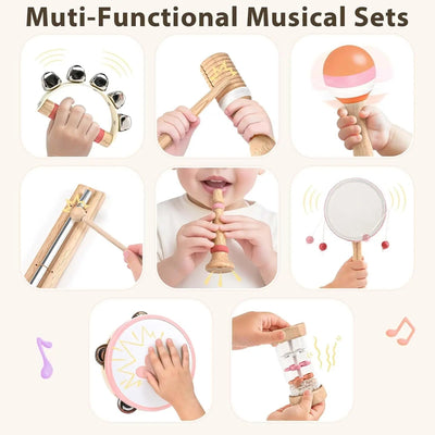 Fidtoy Wooden Music Toy Set for Toddlers 8 Piece Instrument Set Musical Learning Toys