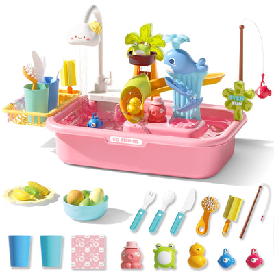Évier de Cuisine de Jeu d'Imitation avec Véritable Eau Courante - Table de Jeu Aquatique 4-en-1, Piscine Flottante, Pêche et Toboggan à Canards - Jouet Interactif pour Laver la Vaisselle pour Tout-petits et Enfants (Bleu