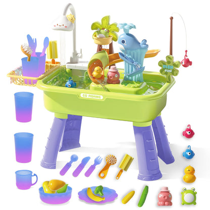 Beach Table & Simulation Kitchen Sink 2-in-1 Toy Set with Water Supply Function Simulation Dishwashing Set with Faucet Color-changing Tableware in Warm Water Children's Role Playing Toy with Accessories Gift